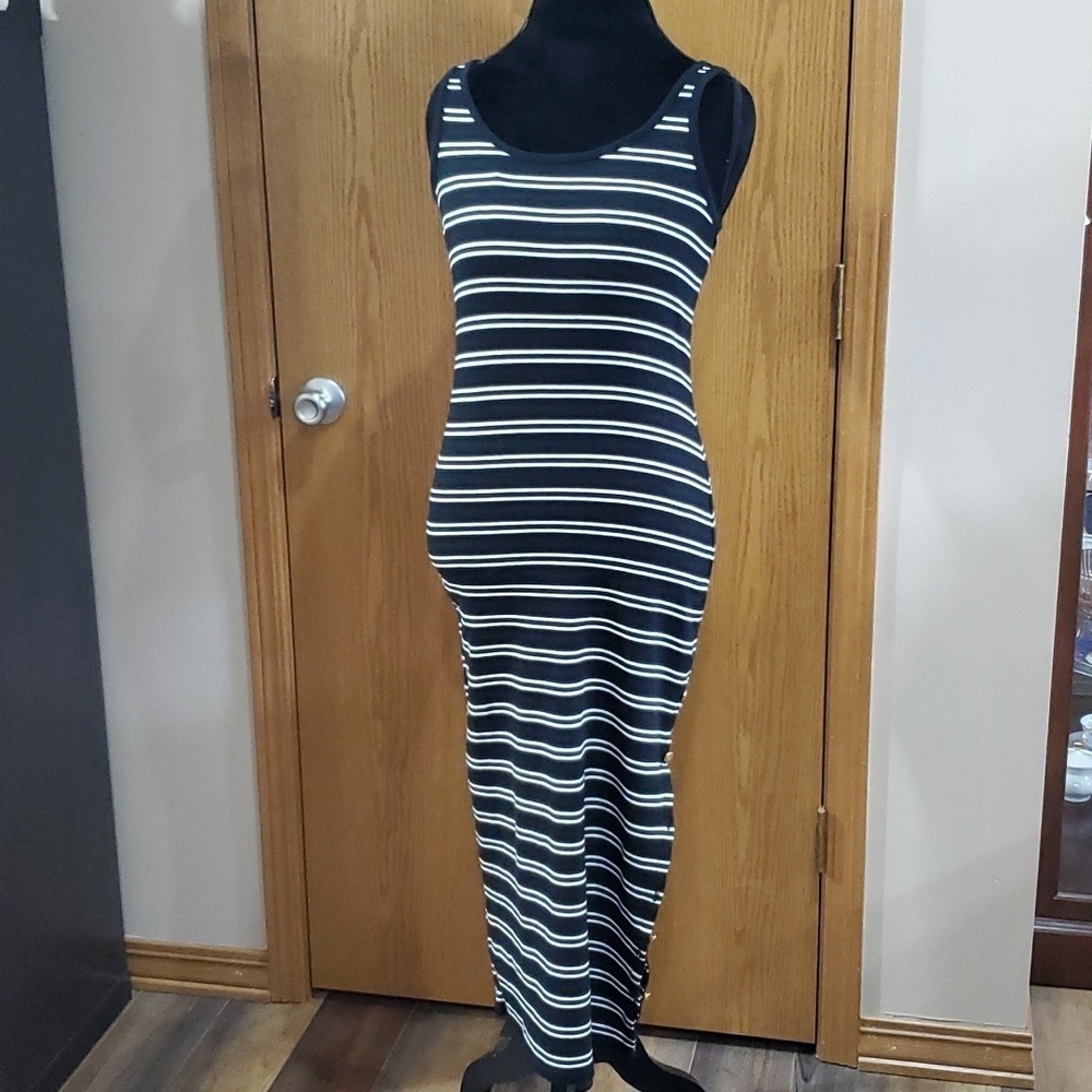 Lauren Ralph Lauren black white side split stretch sleeveless dress
